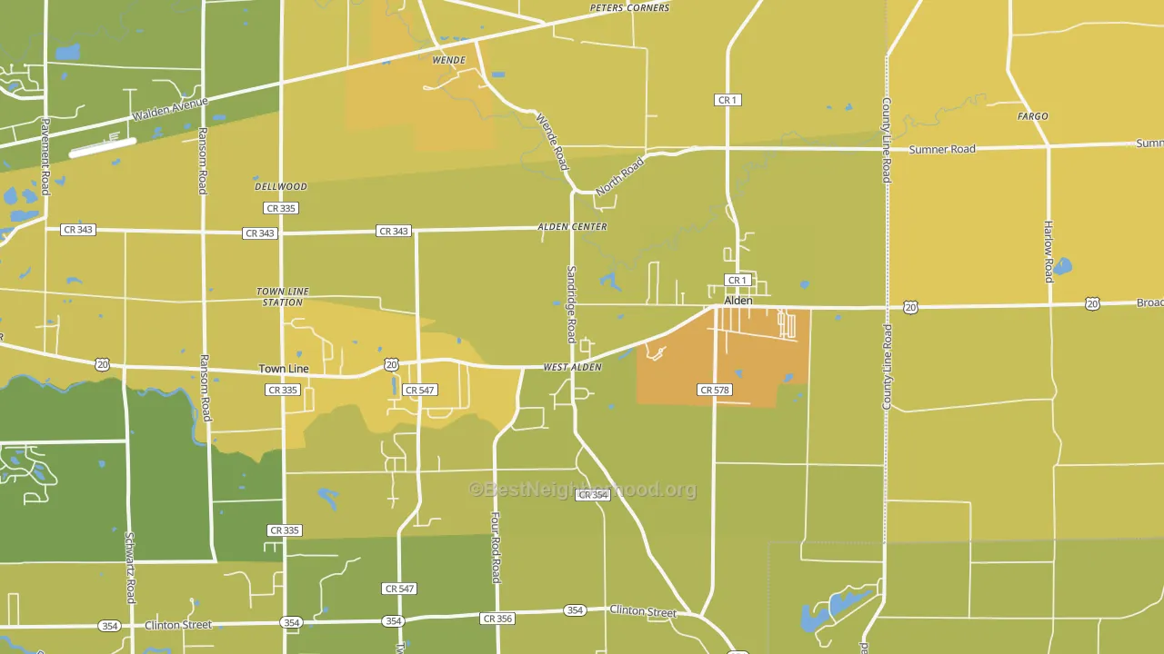 Map of the best neighborhoods in the 14004 area, with better matches in green and worse matches in red