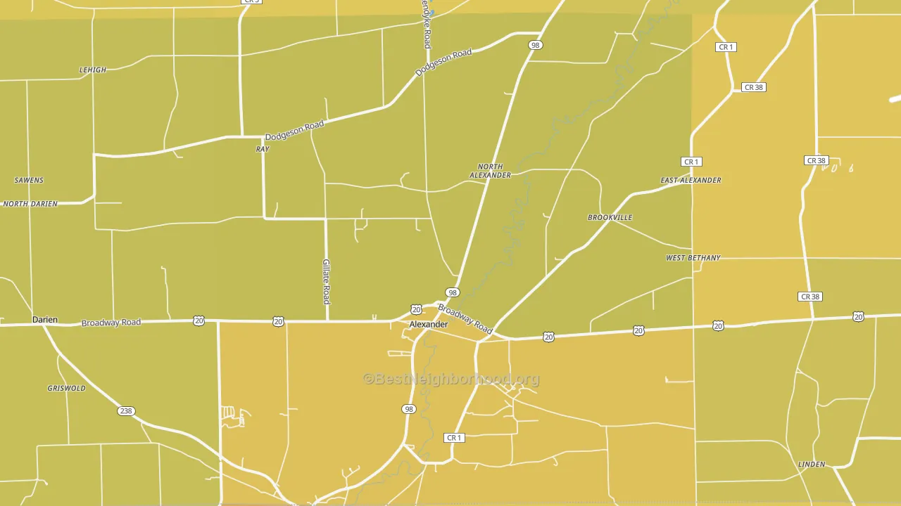 Map of the best neighborhoods in the 14005 area, with better matches in green and worse matches in red