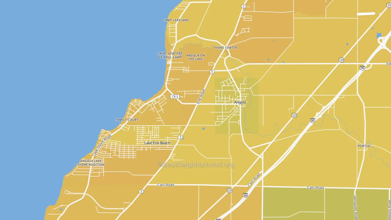 Map of the best neighborhoods in the 14006 area, with better matches in green and worse matches in red