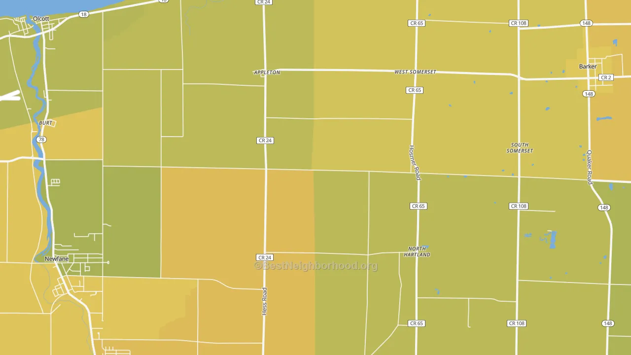 Map of the best neighborhoods in the 14008 area, with better matches in green and worse matches in red