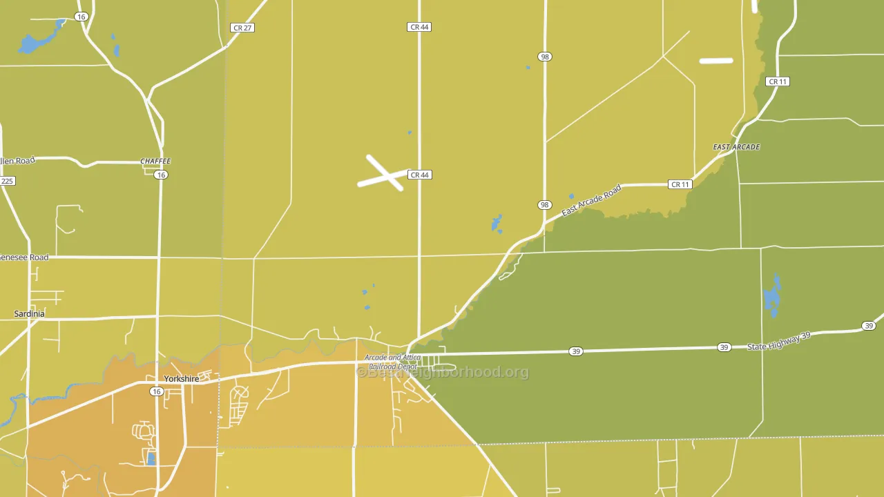 Map of the best neighborhoods in the 14009 area, with better matches in green and worse matches in red