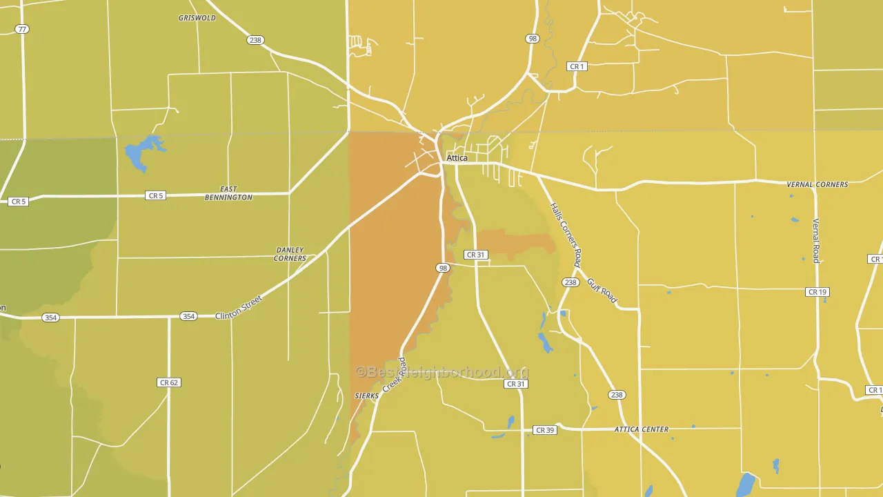 Map of the best neighborhoods in the 14011 area, with better matches in green and worse matches in red