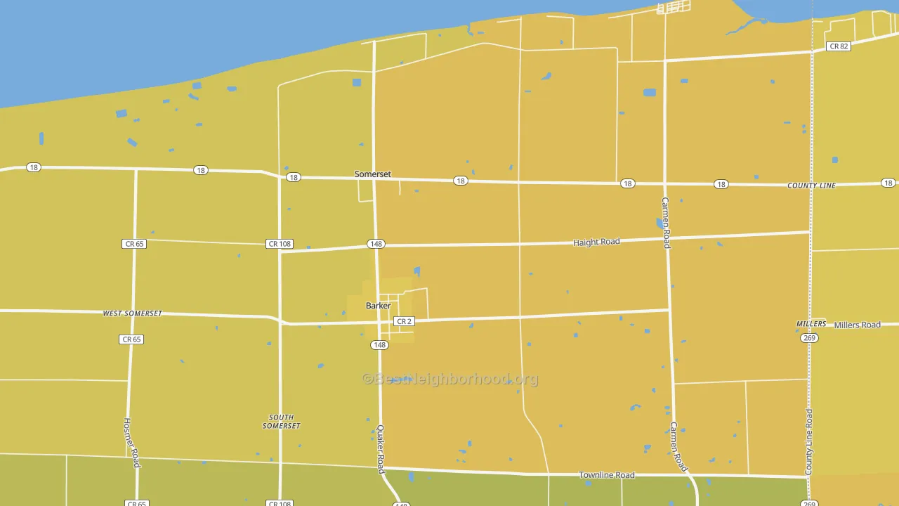 Map of the best neighborhoods in the 14012 area, with better matches in green and worse matches in red