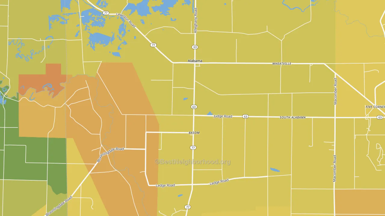 Map of the best neighborhoods in the 14013 area, with better matches in green and worse matches in red