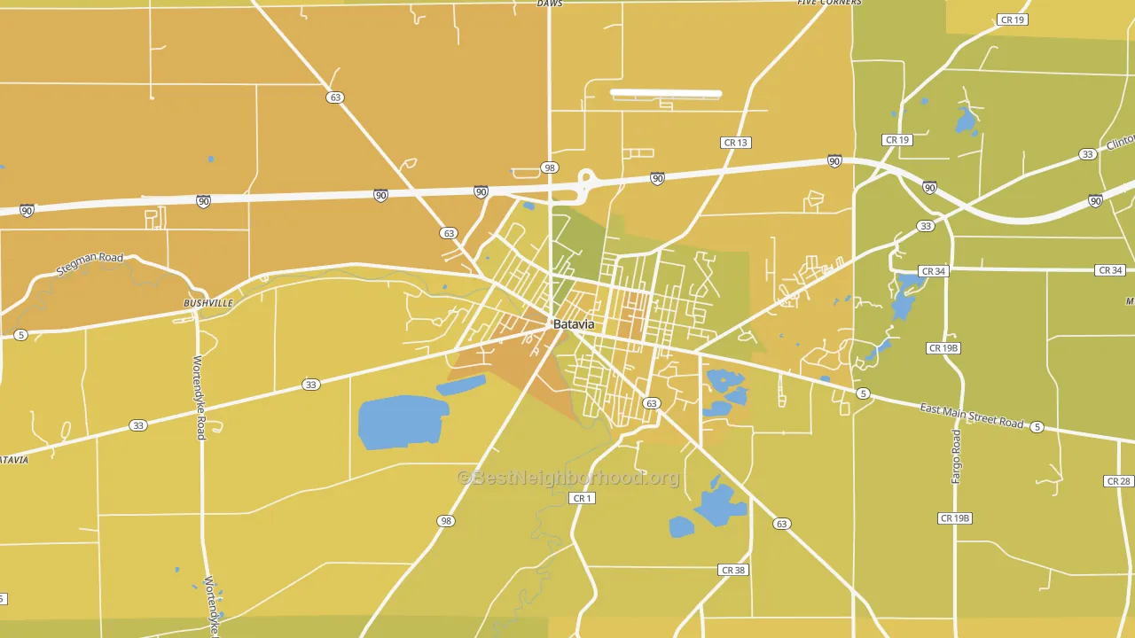 Map of the best neighborhoods in the 14020 area, with better matches in green and worse matches in red