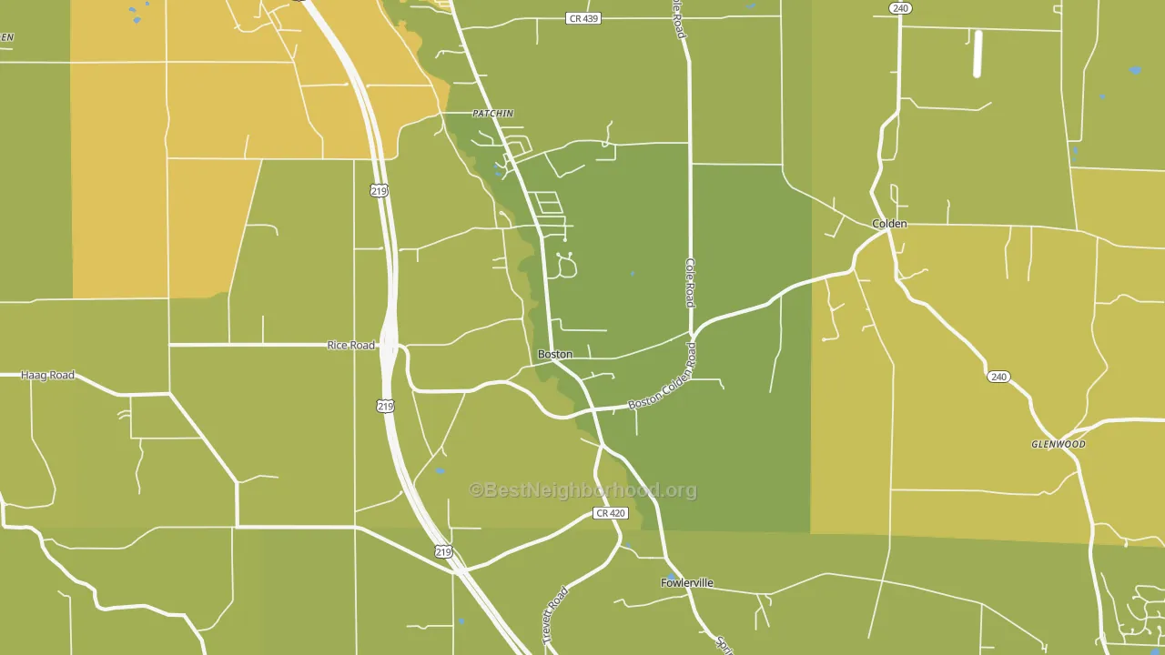 Map of the best neighborhoods in the 14025 area, with better matches in green and worse matches in red