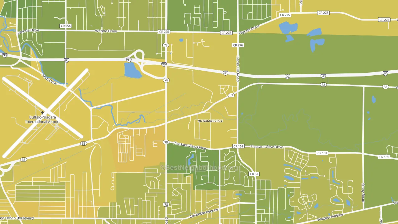 Map of the best neighborhoods in the 14026 area, with better matches in green and worse matches in red