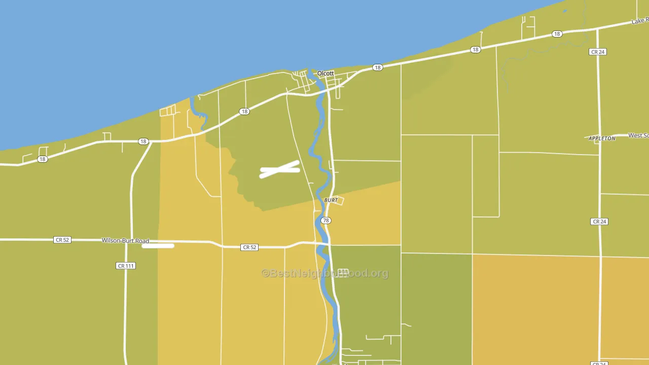 Map of the best neighborhoods in the 14028 area, with better matches in green and worse matches in red