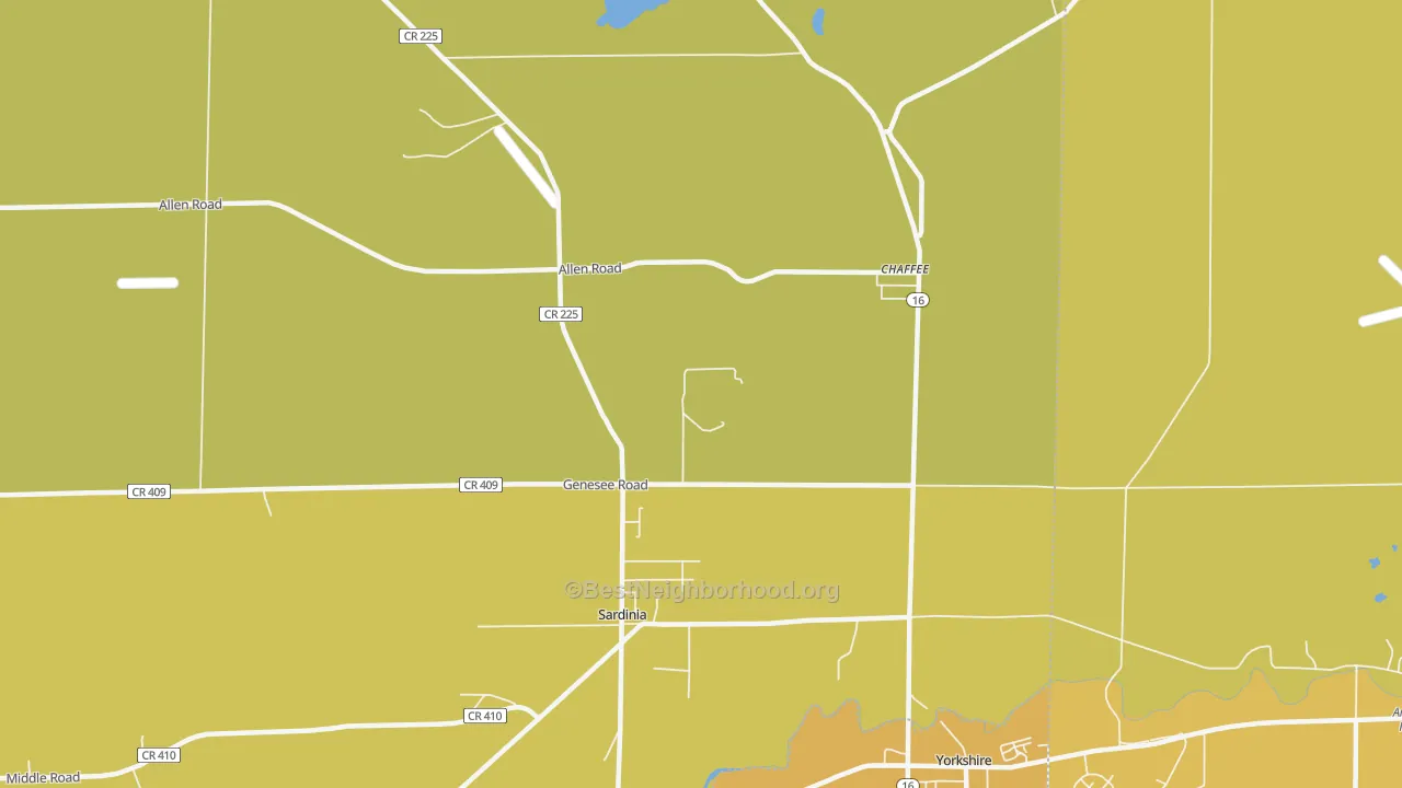 Map of the best neighborhoods in the 14030 area, with better matches in green and worse matches in red
