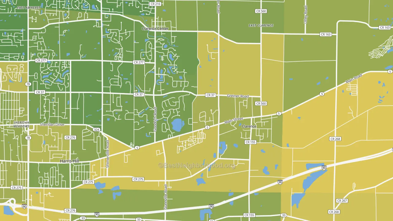 Map of the best neighborhoods in the 14031 area, with better matches in green and worse matches in red