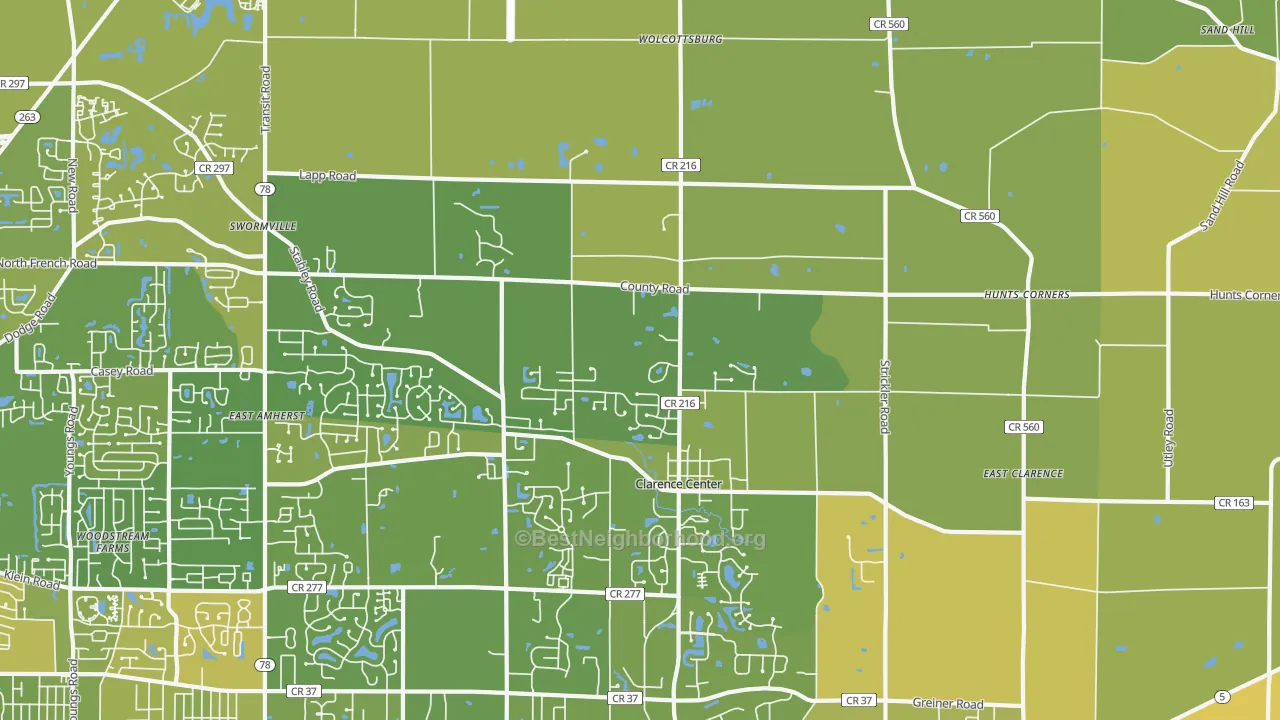 Map of the best neighborhoods in the 14032 area, with better matches in green and worse matches in red
