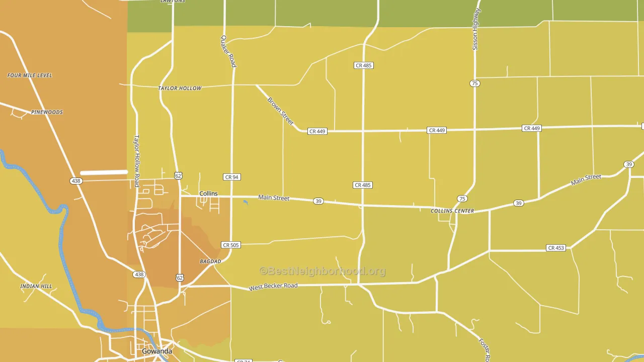 Map of the best neighborhoods in the 14034 area, with better matches in green and worse matches in red