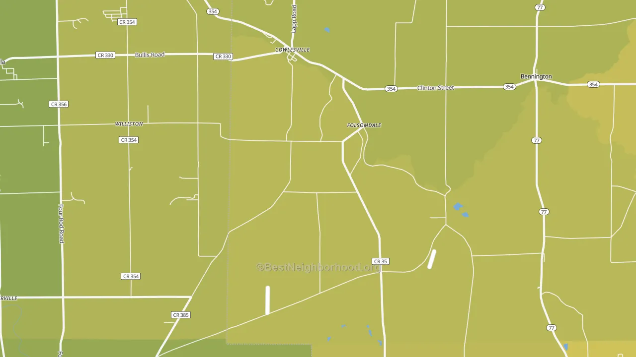 Map of the best neighborhoods in the 14037 area, with better matches in green and worse matches in red