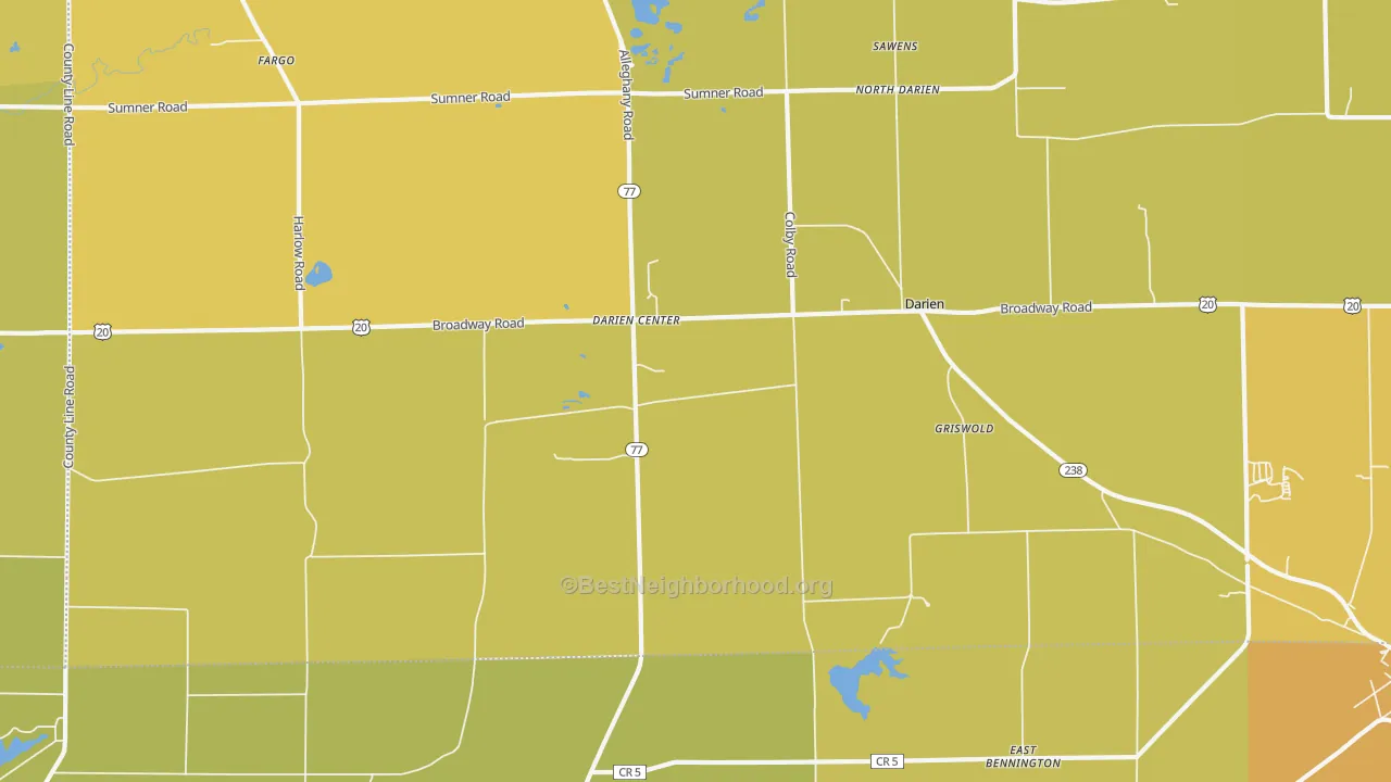 Map of the best neighborhoods in the 14040 area, with better matches in green and worse matches in red