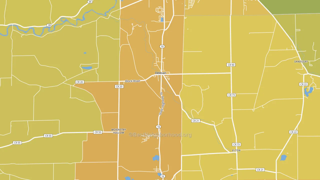Map of the best neighborhoods in the 14042 area, with better matches in green and worse matches in red