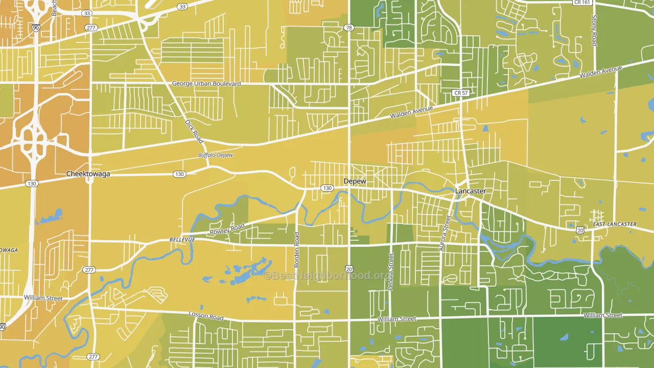 Map of the best neighborhoods in the 14043 area, with better matches in green and worse matches in red