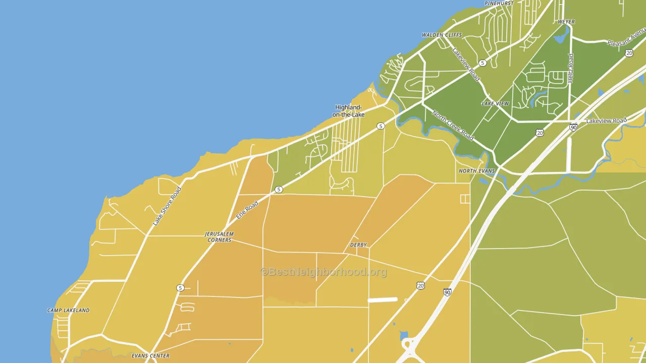 Map of the best neighborhoods in the 14047 area, with better matches in green and worse matches in red