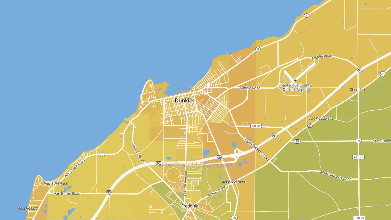 Map of the best neighborhoods in the 14048 area, with better matches in green and worse matches in red