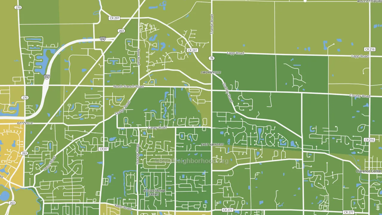 Map of the best neighborhoods in the 14051 area, with better matches in green and worse matches in red