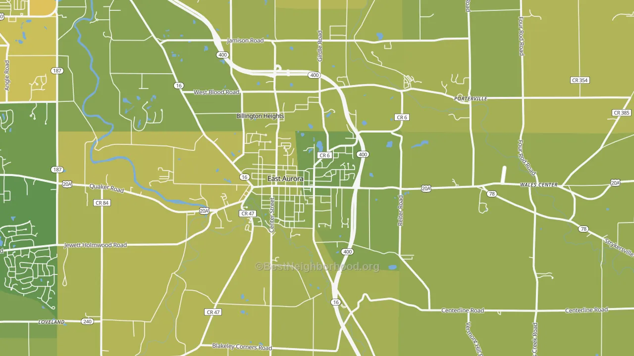 Map of the best neighborhoods in the 14052 area, with better matches in green and worse matches in red
