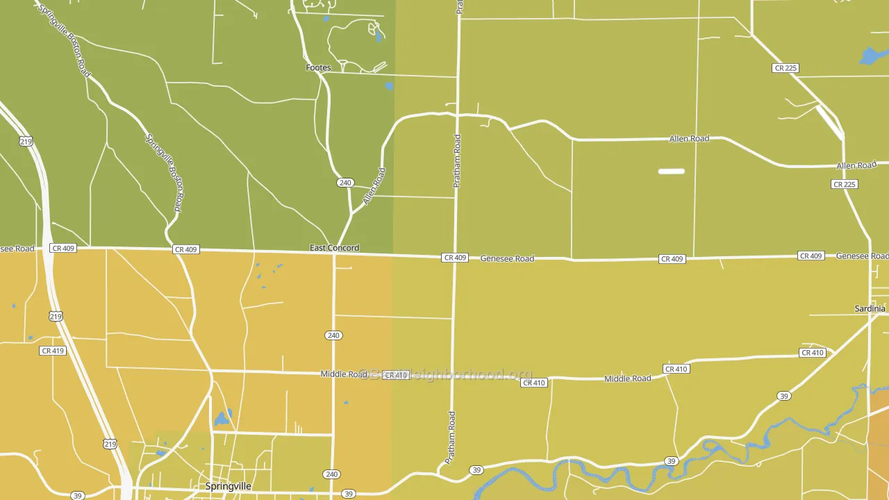 Map of the best neighborhoods in the 14055 area, with better matches in green and worse matches in red