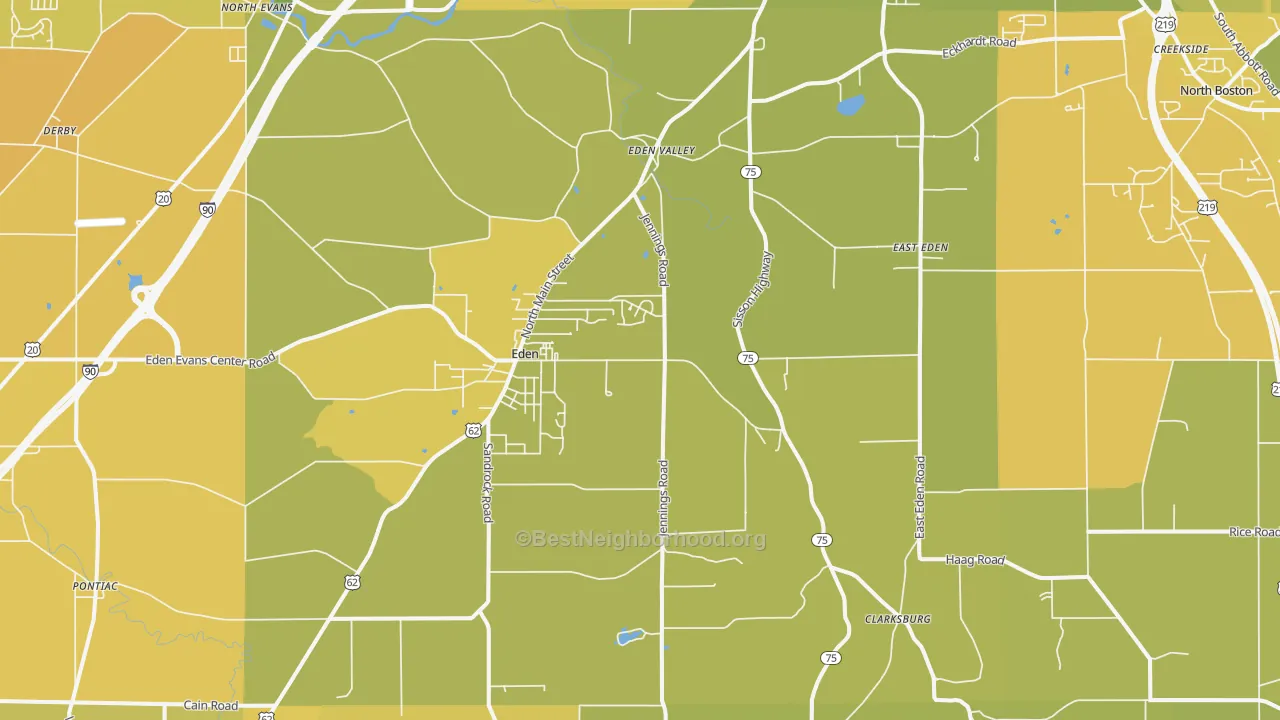 Map of the best neighborhoods in the 14057 area, with better matches in green and worse matches in red