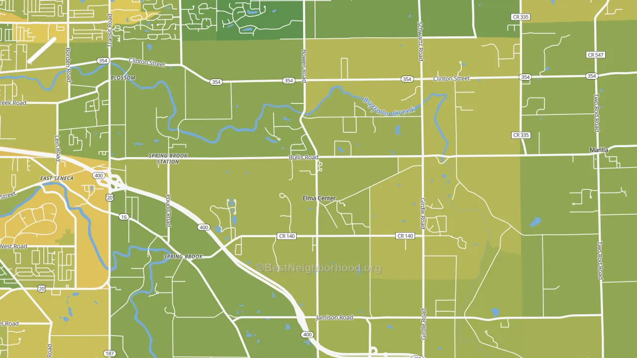 Map of the best neighborhoods in the 14059 area, with better matches in green and worse matches in red