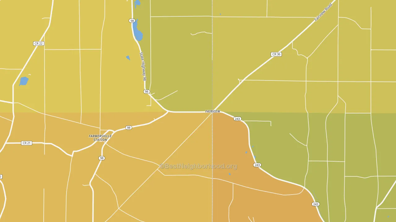 Map of the best neighborhoods in the 14060 area, with better matches in green and worse matches in red