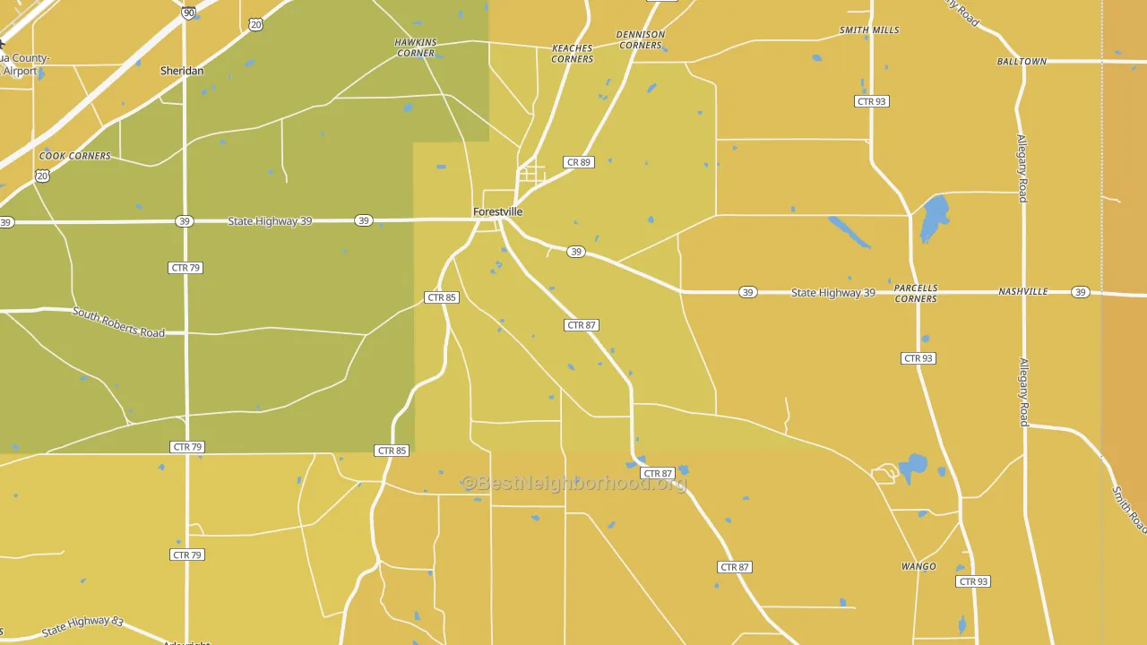 Map of the best neighborhoods in the 14062 area, with better matches in green and worse matches in red