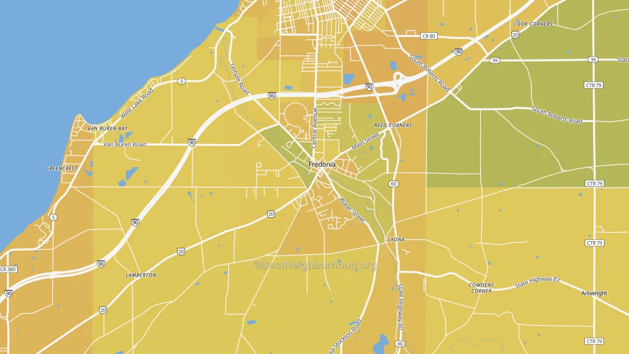 Map of the best neighborhoods in the 14063 area, with better matches in green and worse matches in red