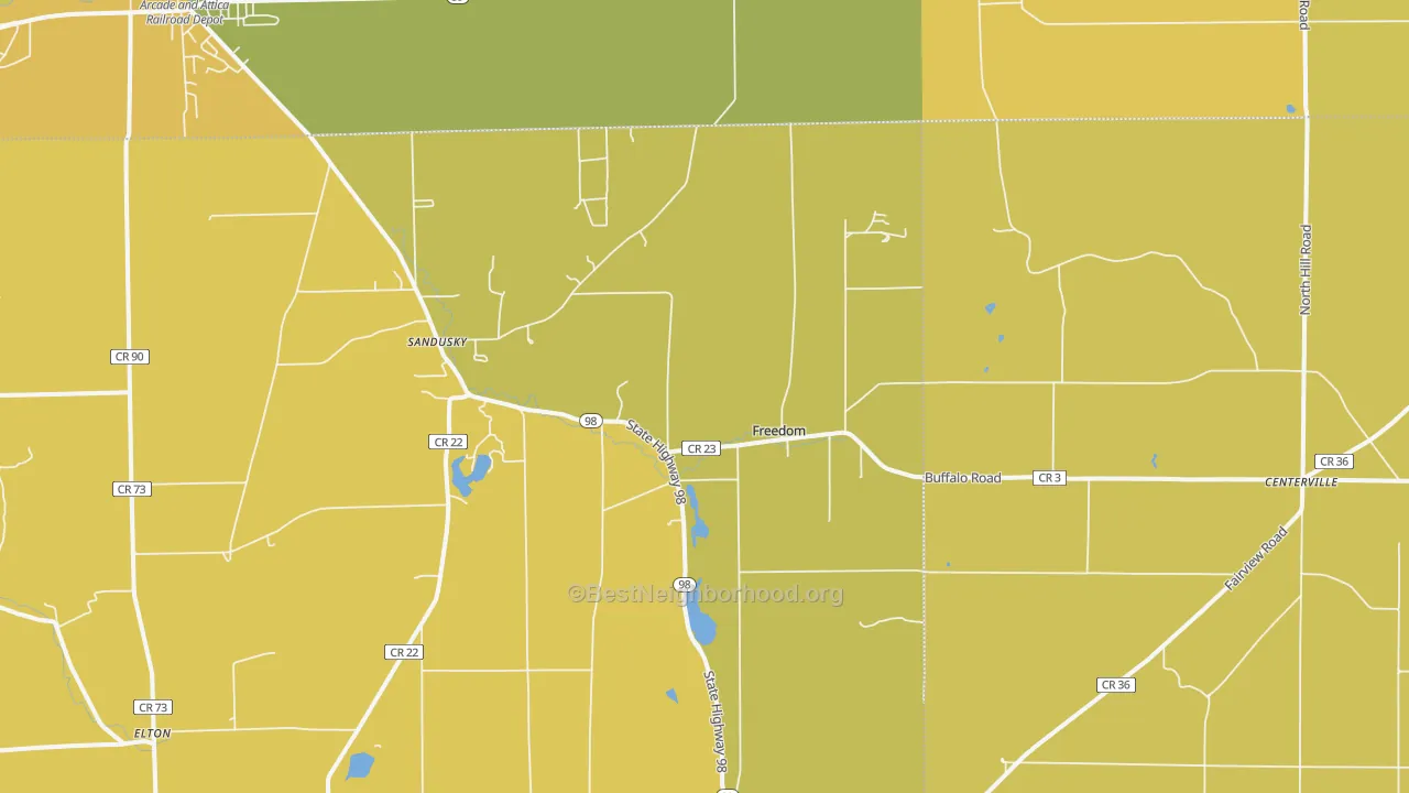 Map of the best neighborhoods in the 14065 area, with better matches in green and worse matches in red