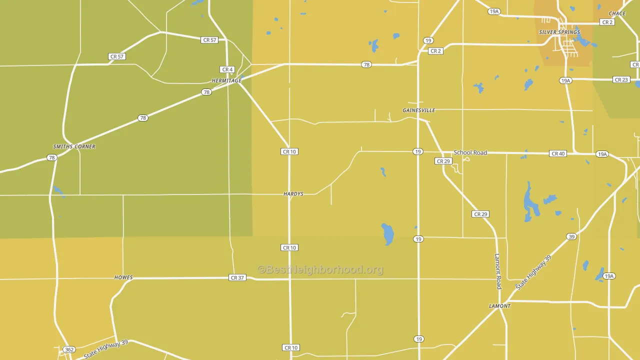 Map of the best neighborhoods in the 14066 area, with better matches in green and worse matches in red