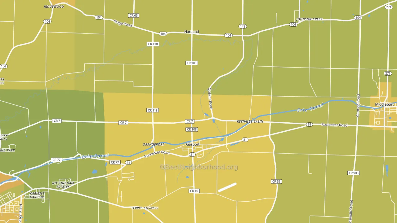 Map of the best neighborhoods in the 14067 area, with better matches in green and worse matches in red