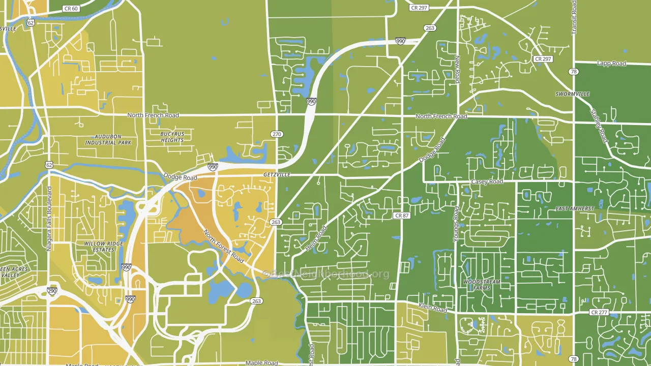 Map of the best neighborhoods in the 14068 area, with better matches in green and worse matches in red