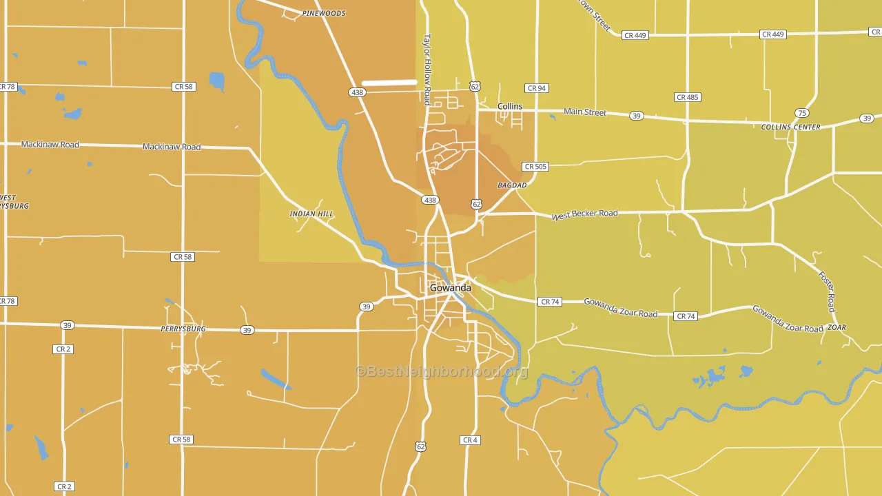 Map of the best neighborhoods in the 14070 area, with better matches in green and worse matches in red