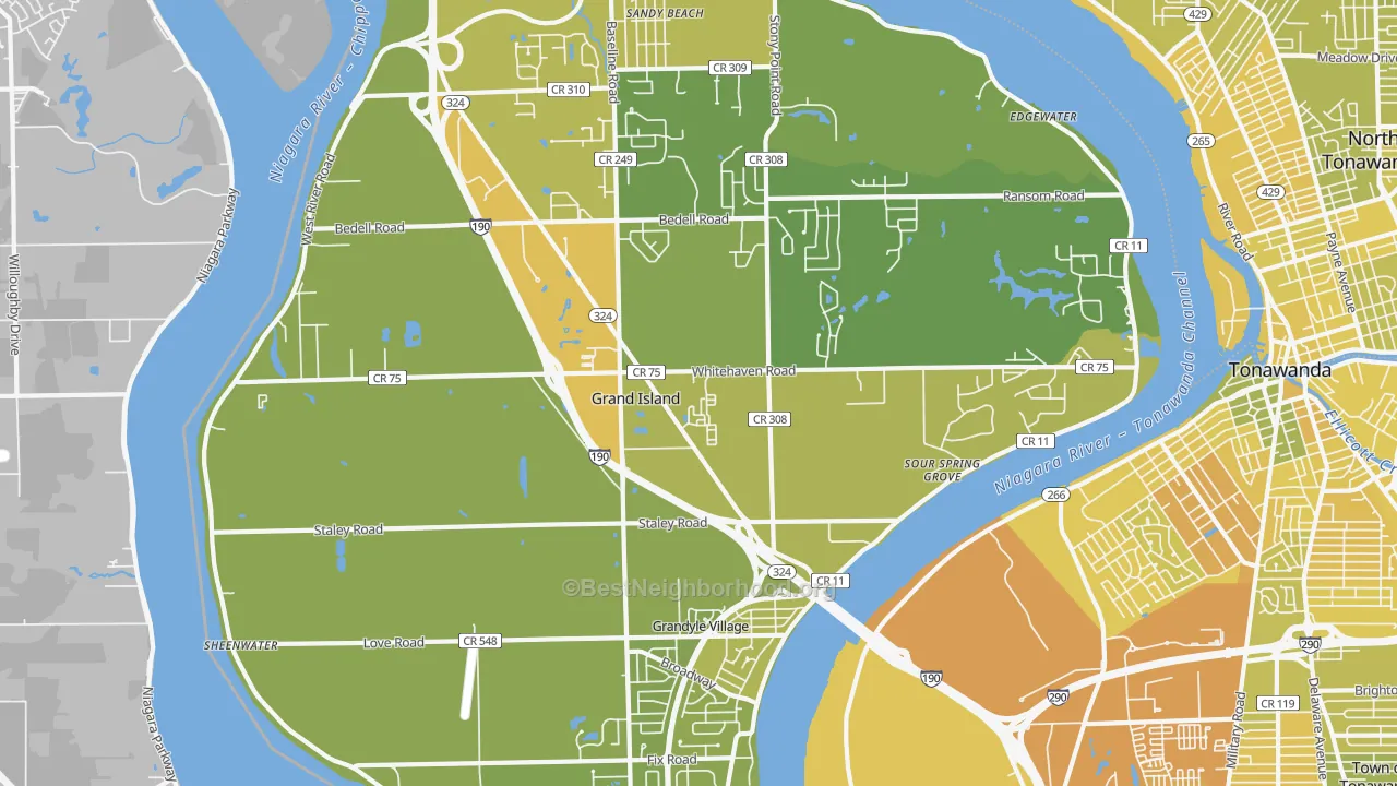 Map of the best neighborhoods in the 14072 area, with better matches in green and worse matches in red