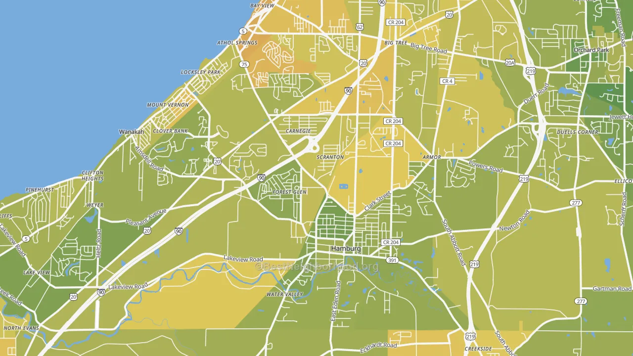 Map of the best neighborhoods in the 14075 area, with better matches in green and worse matches in red