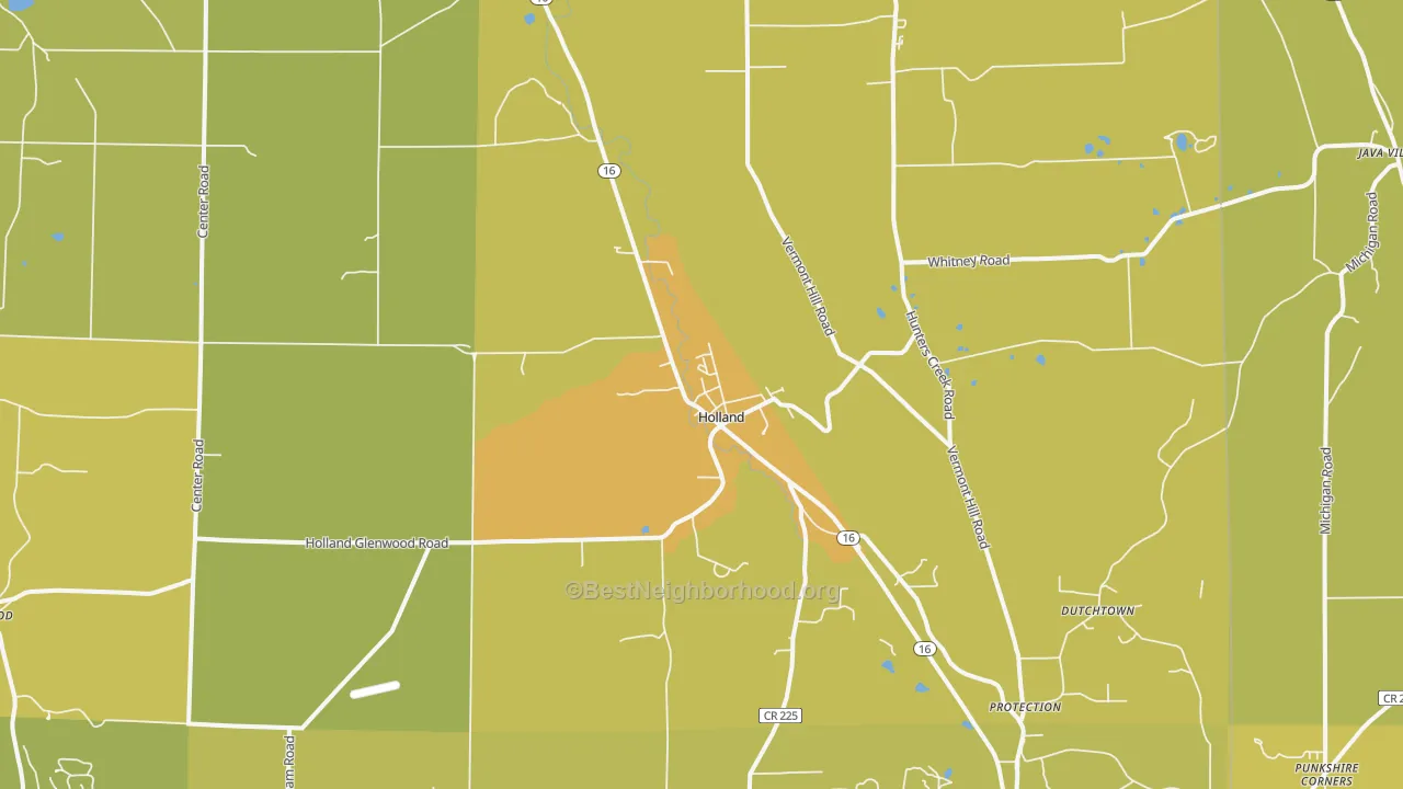 Map of the best neighborhoods in the 14080 area, with better matches in green and worse matches in red