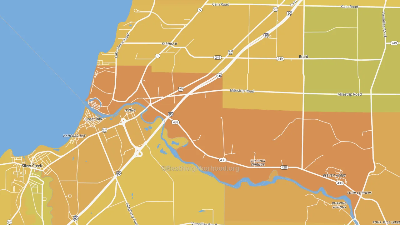 Map of the best neighborhoods in the 14081 area, with better matches in green and worse matches in red
