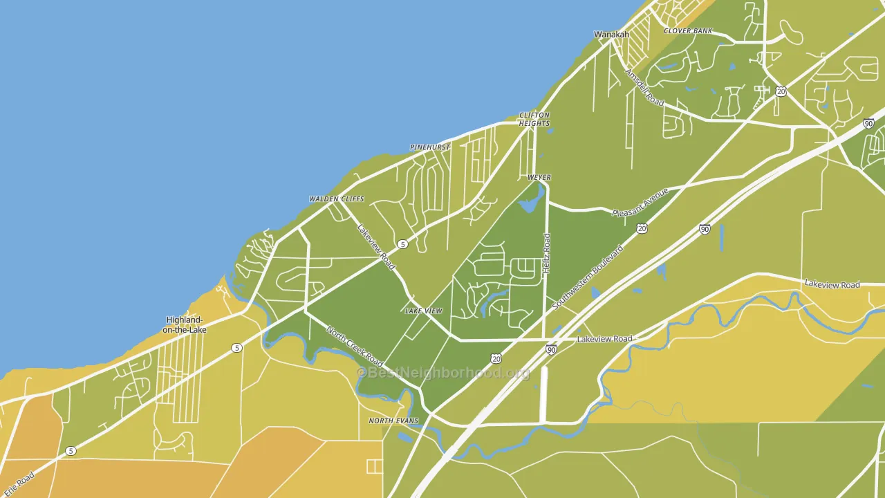 Map of the best neighborhoods in the 14085 area, with better matches in green and worse matches in red