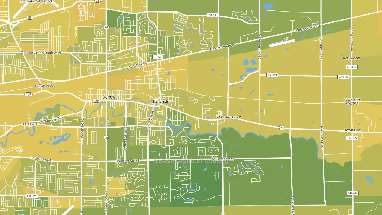 Map of the best neighborhoods in the 14086 area, with better matches in green and worse matches in red