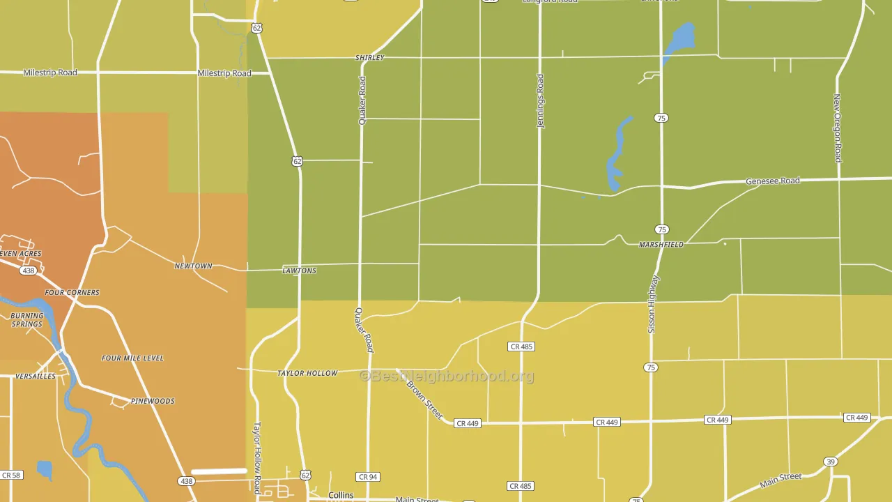 Map of the best neighborhoods in the 14091 area, with better matches in green and worse matches in red
