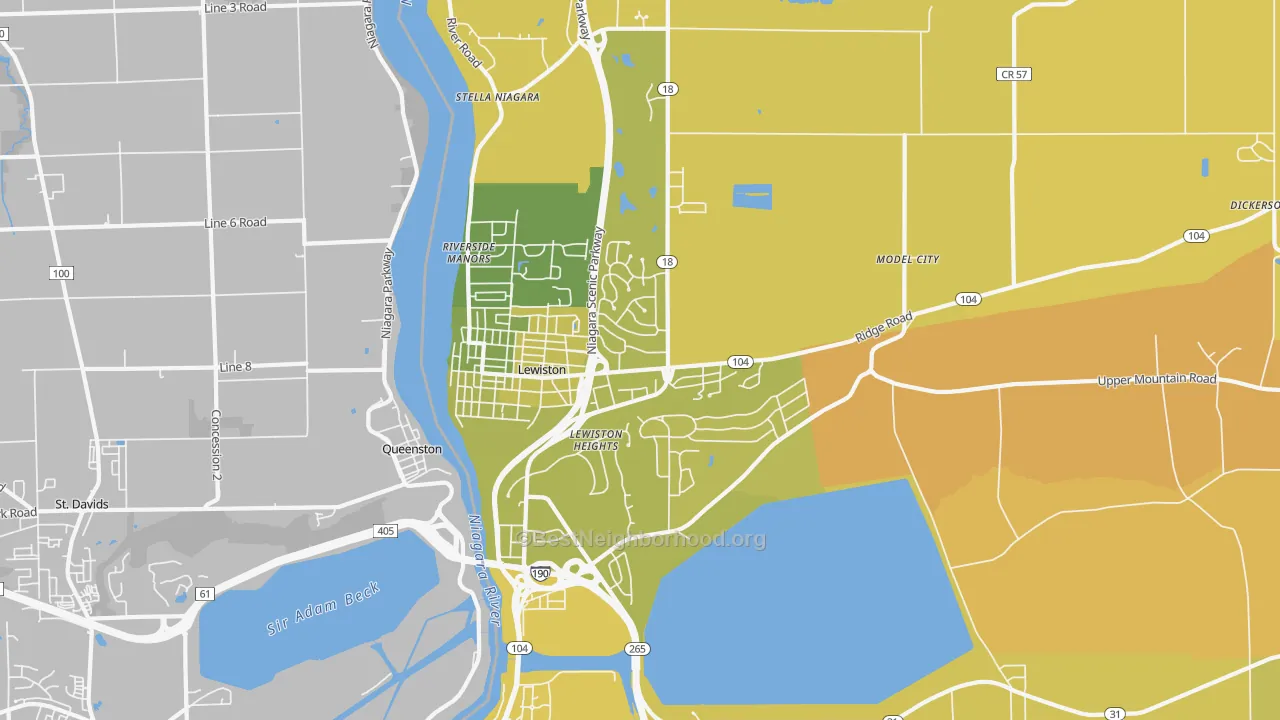 Map of the best neighborhoods in the 14092 area, with better matches in green and worse matches in red