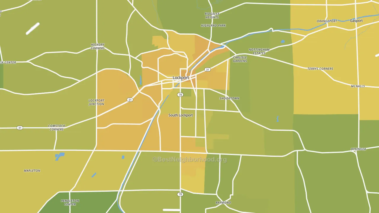 Map of the best neighborhoods in the 14094 area, with better matches in green and worse matches in red