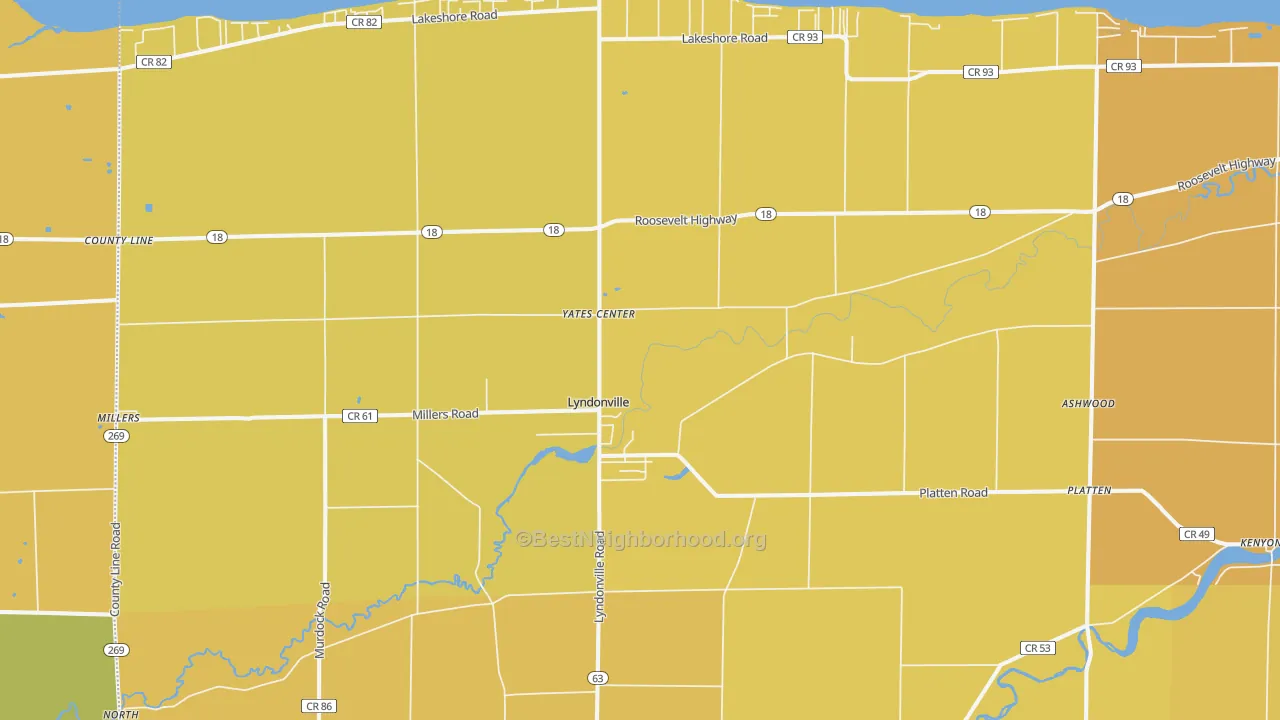 Map of the best neighborhoods in the 14098 area, with better matches in green and worse matches in red