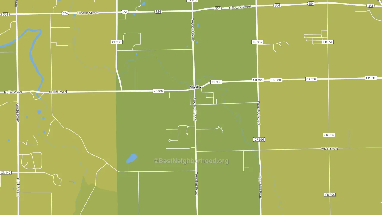 Map of the best neighborhoods in the 14102 area, with better matches in green and worse matches in red