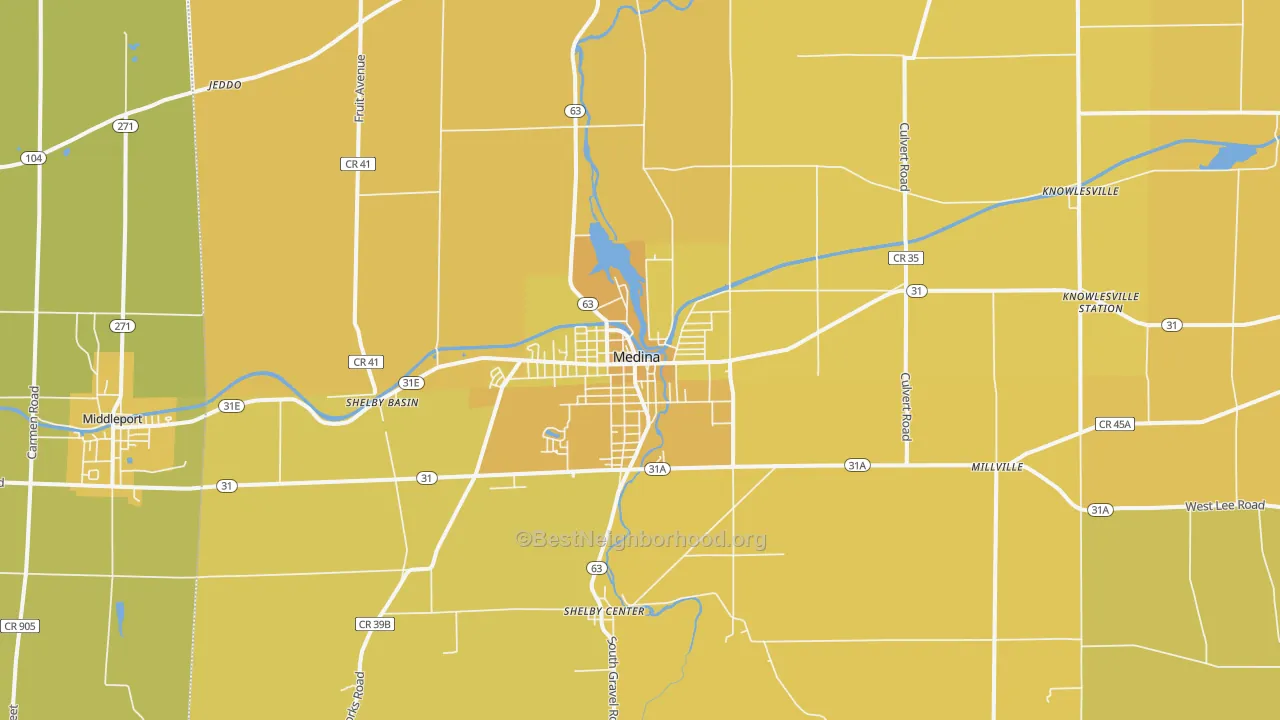 Map of the best neighborhoods in the 14103 area, with better matches in green and worse matches in red