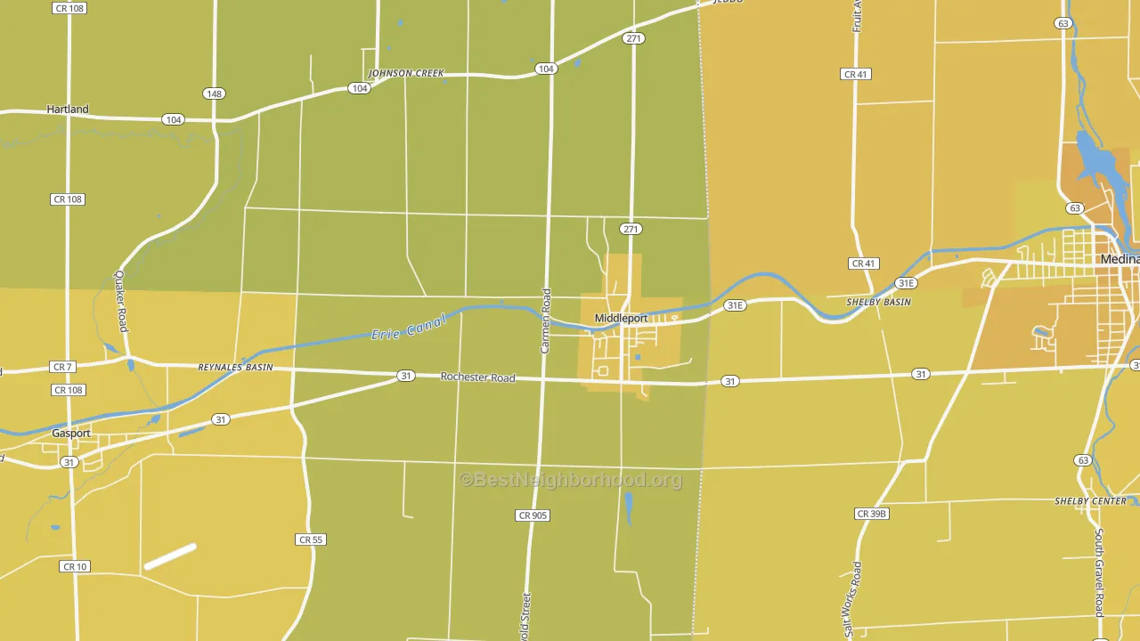 Map of the best neighborhoods in the 14105 area, with better matches in green and worse matches in red