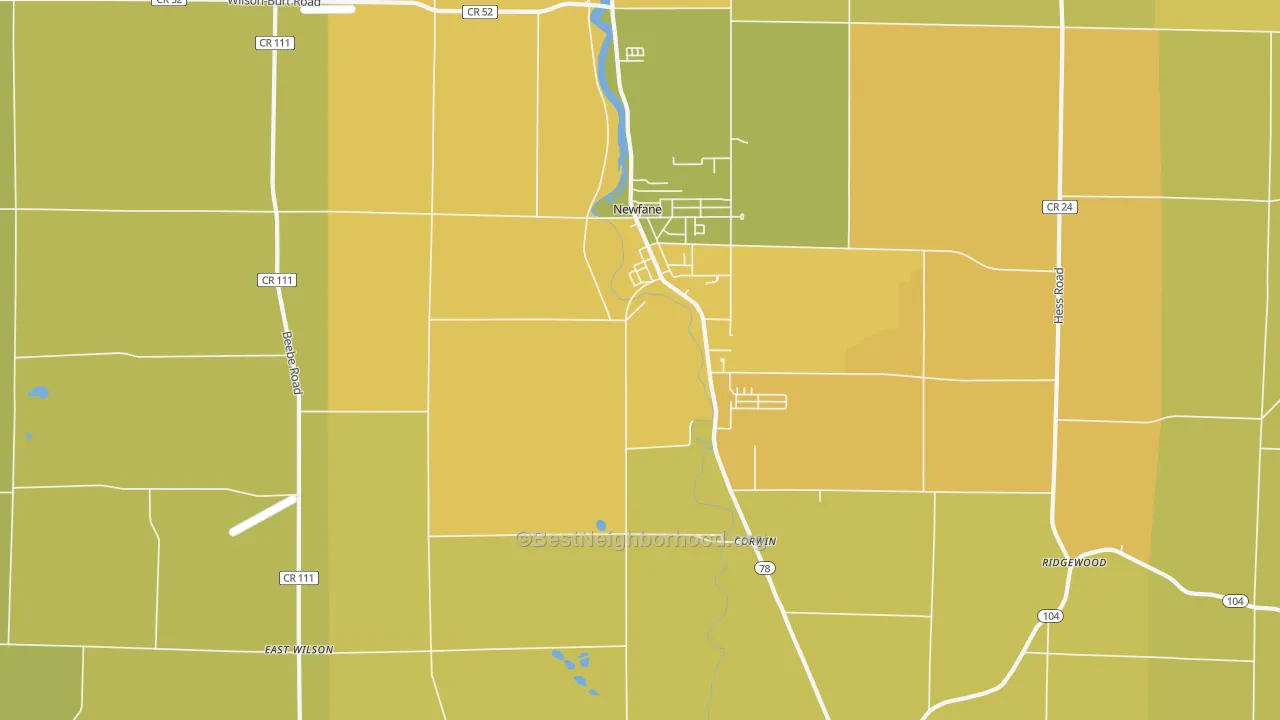 Map of the best neighborhoods in the 14108 area, with better matches in green and worse matches in red