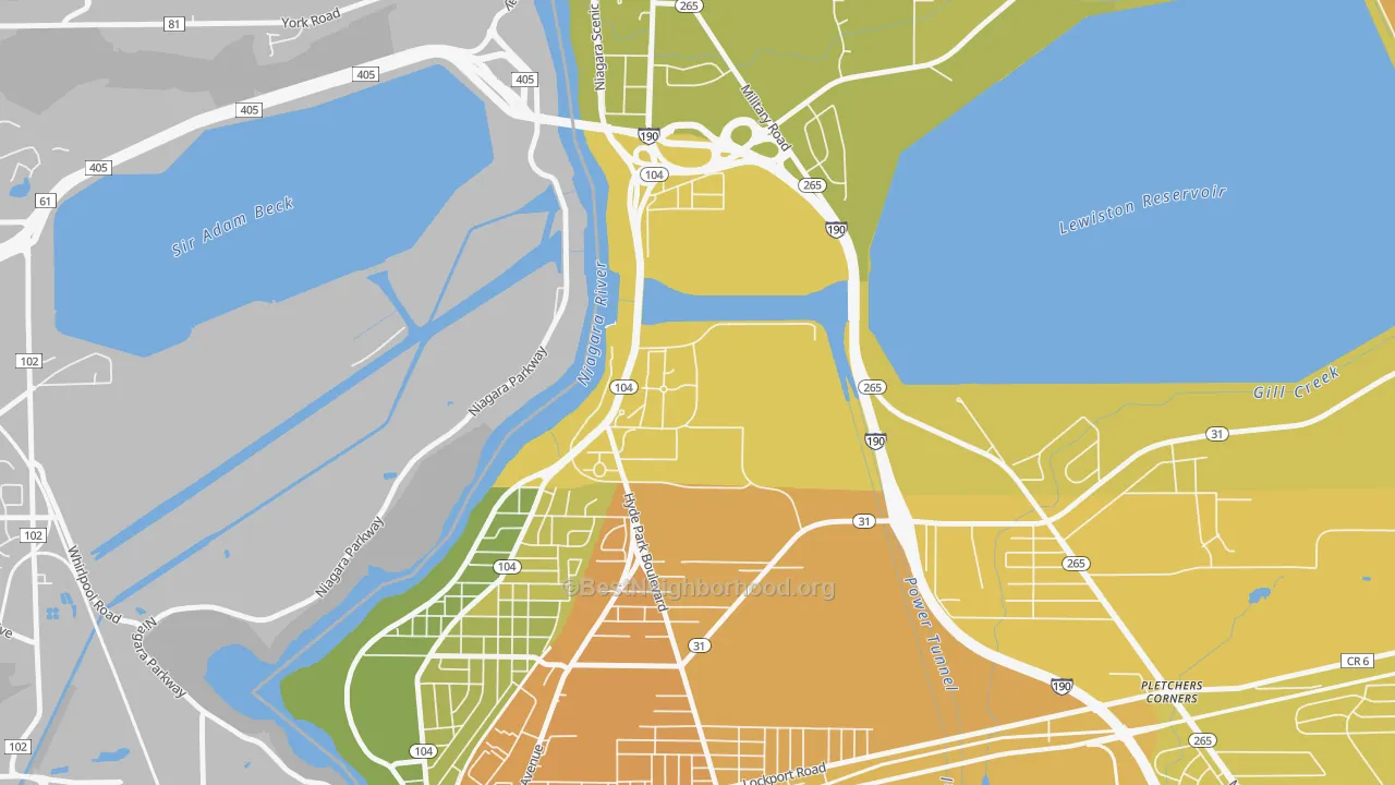Map of the best neighborhoods in the 14109 area, with better matches in green and worse matches in red